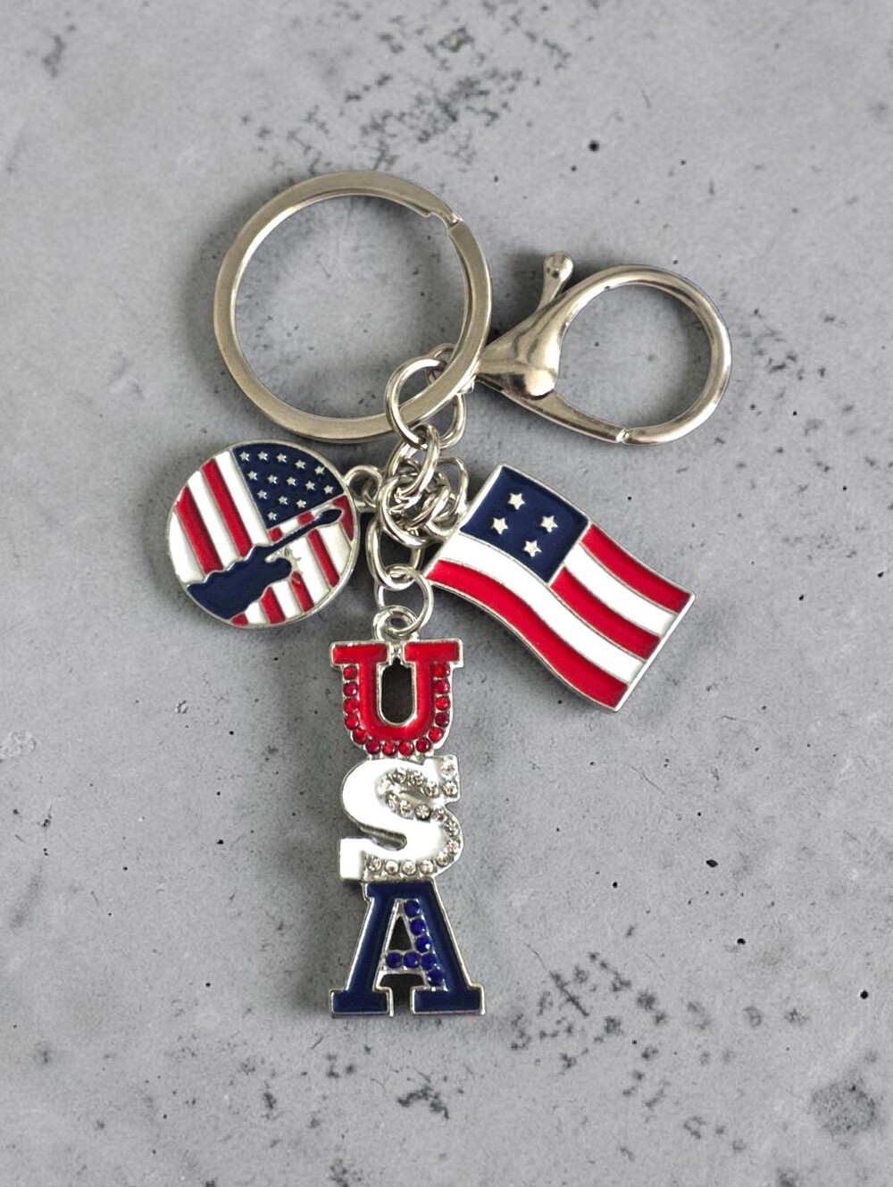 Patriotic USA Bag Charm / Keychain with Flag Charms - Red White Blue & Silver